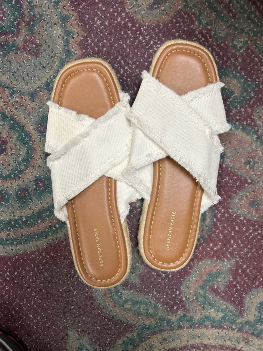 American Eagle Outfitters Cream Cross-Over Frayed Slide Sandals